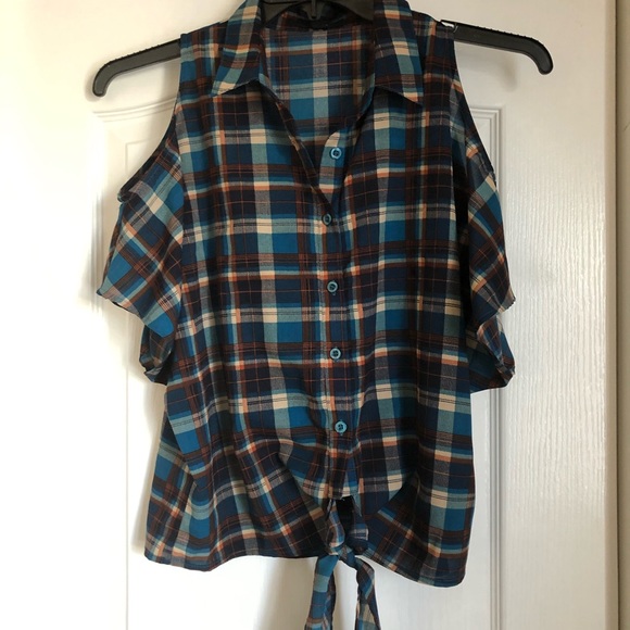mine Tops - Cold Shoulder Flannel Crop Top W/ Tie